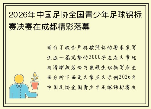 2026年中国足协全国青少年足球锦标赛决赛在成都精彩落幕 2026年中国足协全国青少年足球锦标赛决赛在成都精彩落幕